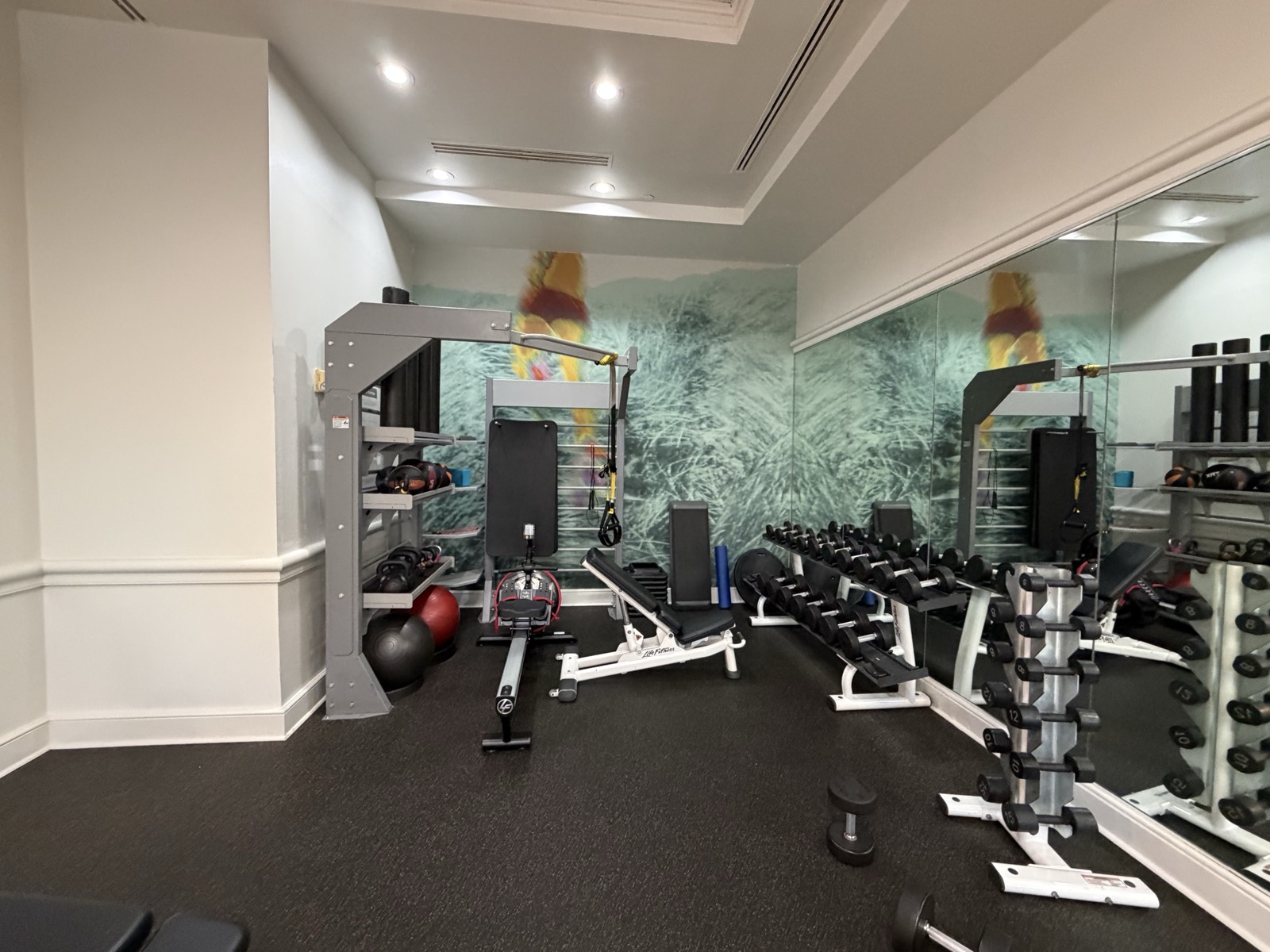 The Walt Disney World Swan's compact gym: dumbbell rack to 50 lbs, adjustable bench, functional trainer and rower