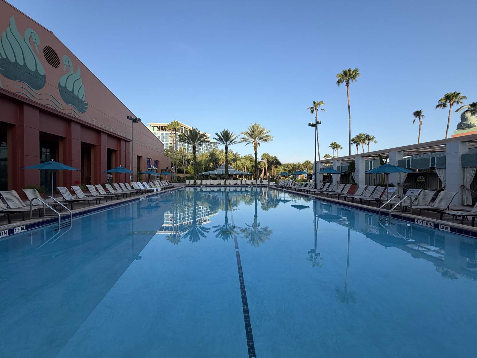 The pool at the Walt Disney World Swan with swan murals on the building and palm trees